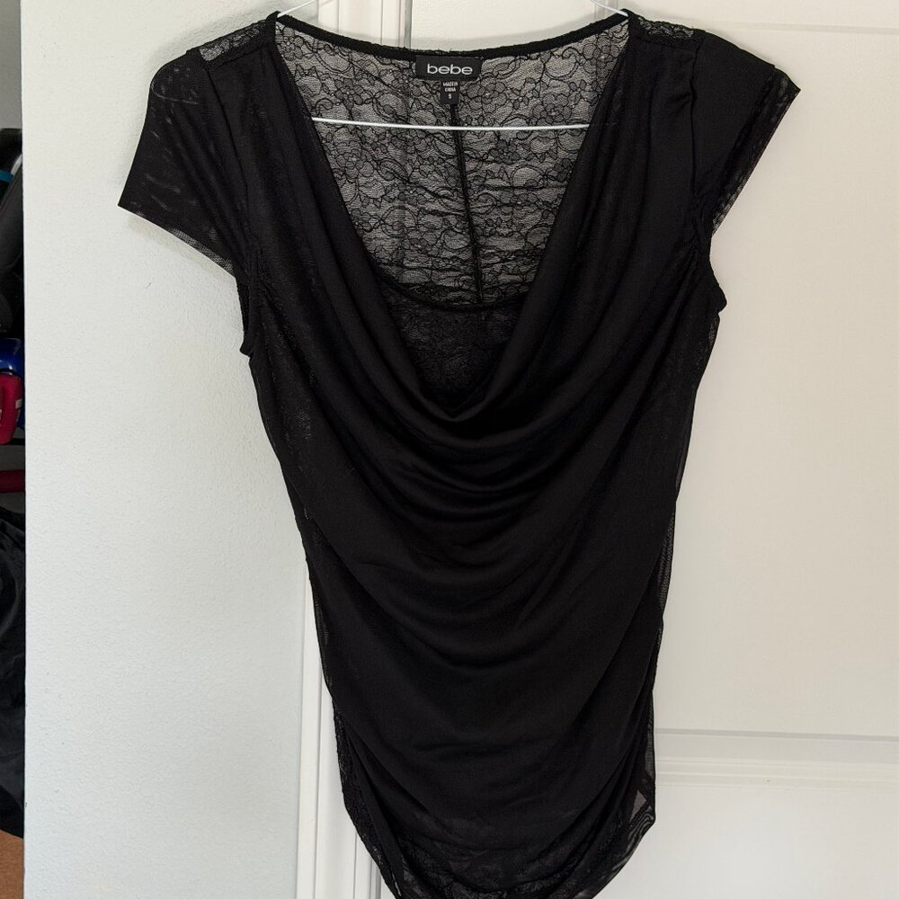 Bebe Tops Bundle – 4 Stylish Tops (XS/S) – Lace, Draped, Metallic Knit, Mesh